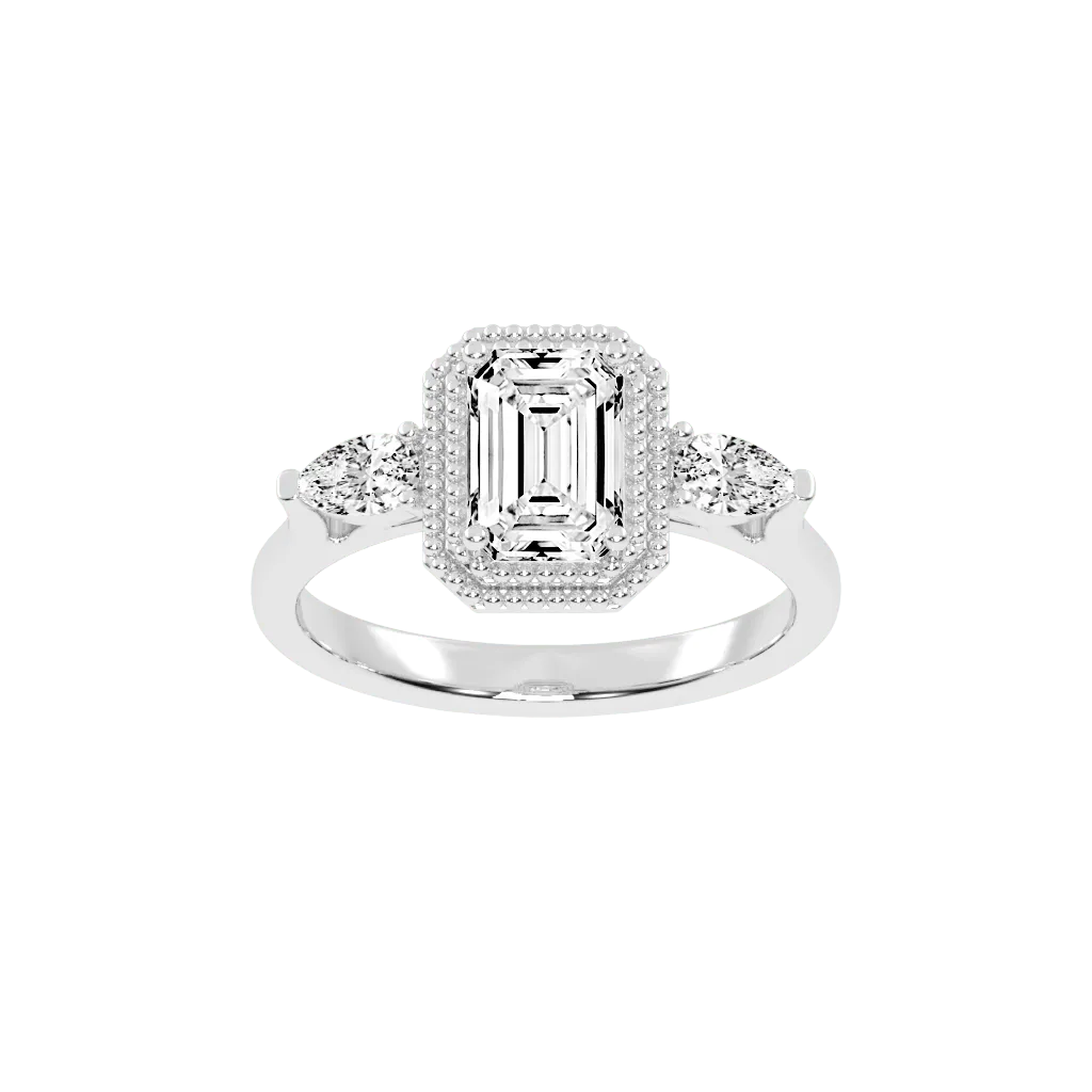 Three Stone Lab Grown Diamond Engagement Ring with Emerald Cut Center Stone and Pear Side Stones