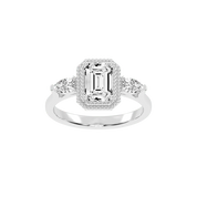 Three Stone Lab Grown Diamond Engagement Ring with Emerald Cut Center Stone and Pear Side Stones