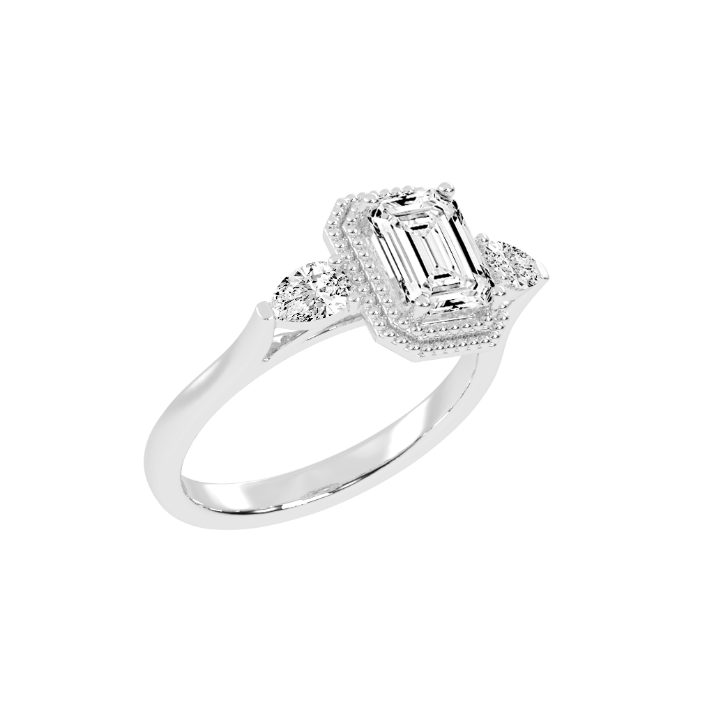 Three Stone Lab Grown Diamond Engagement Ring with Emerald Cut Center Stone and Pear Side Stones