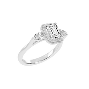 Three Stone Lab Grown Diamond Engagement Ring with Emerald Cut Center Stone and Pear Side Stones