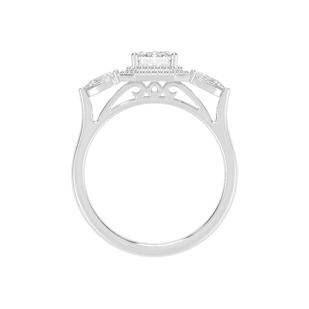 Three Stone Lab Grown Diamond Engagement Ring with Emerald Cut Center Stone and Pear Side Stones