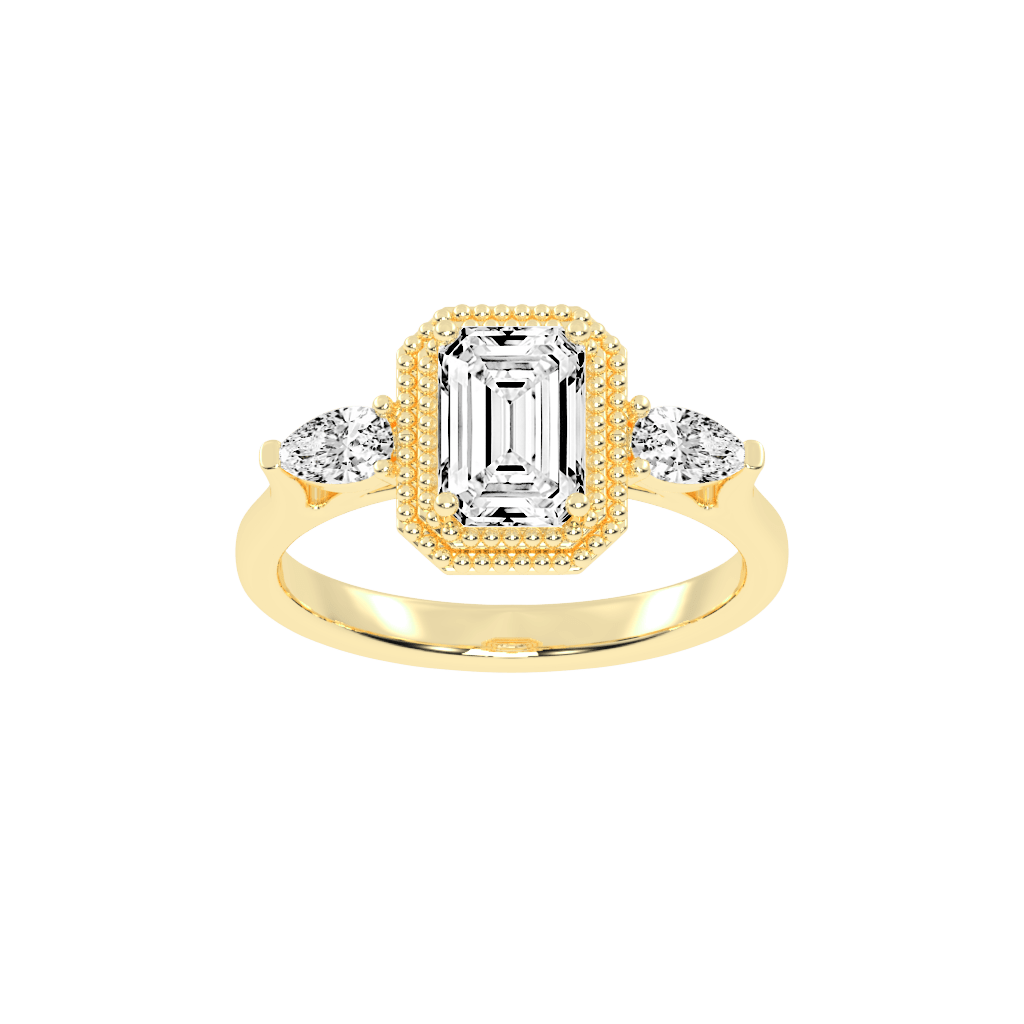 Three Stone Lab Grown Diamond Engagement Ring with Emerald Cut Center Stone and Pear Side Stones