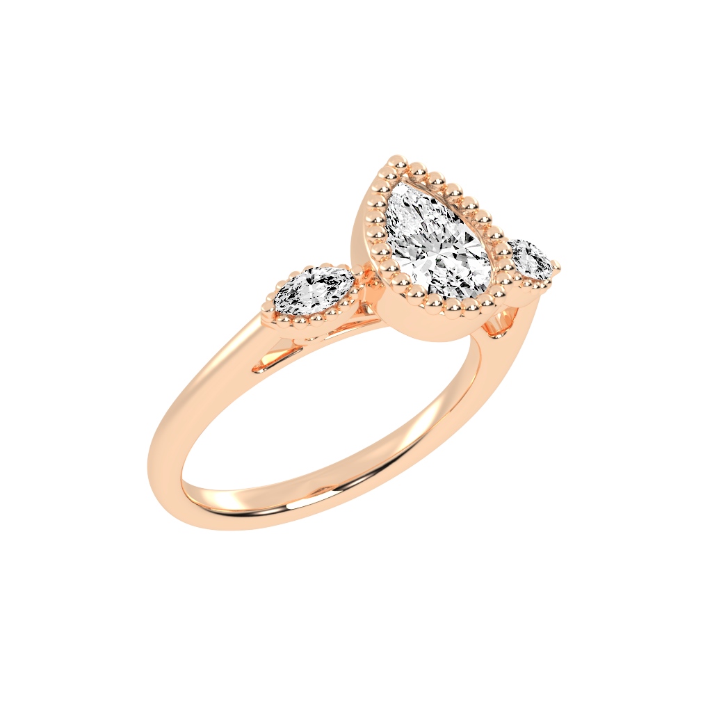 Three Stone Lab Grown Diamond Engagement Ring with Pear Cut Center Stone and Marquise Side Stones