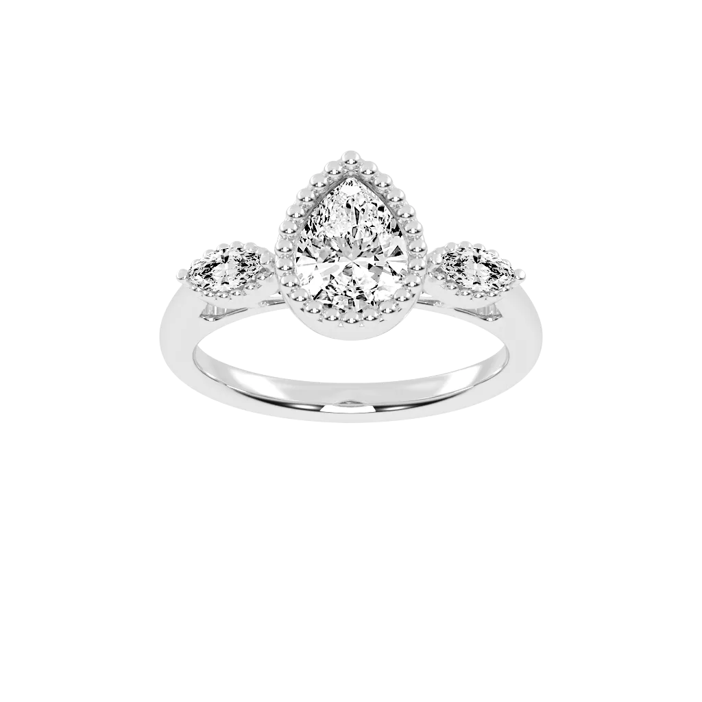 Three Stone Lab Grown Diamond Engagement Ring with Pear Cut Center Stone and Marquise Side Stones