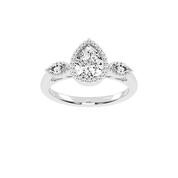 Three Stone Lab Grown Diamond Engagement Ring with Pear Cut Center Stone and Marquise Side Stones