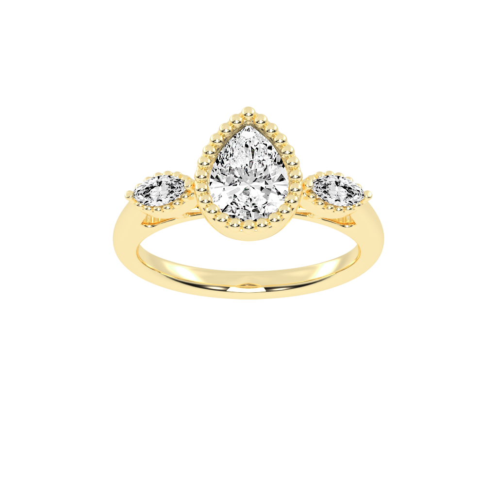 Three Stone Lab Grown Diamond Engagement Ring with Pear Cut Center Stone and Marquise Side Stones