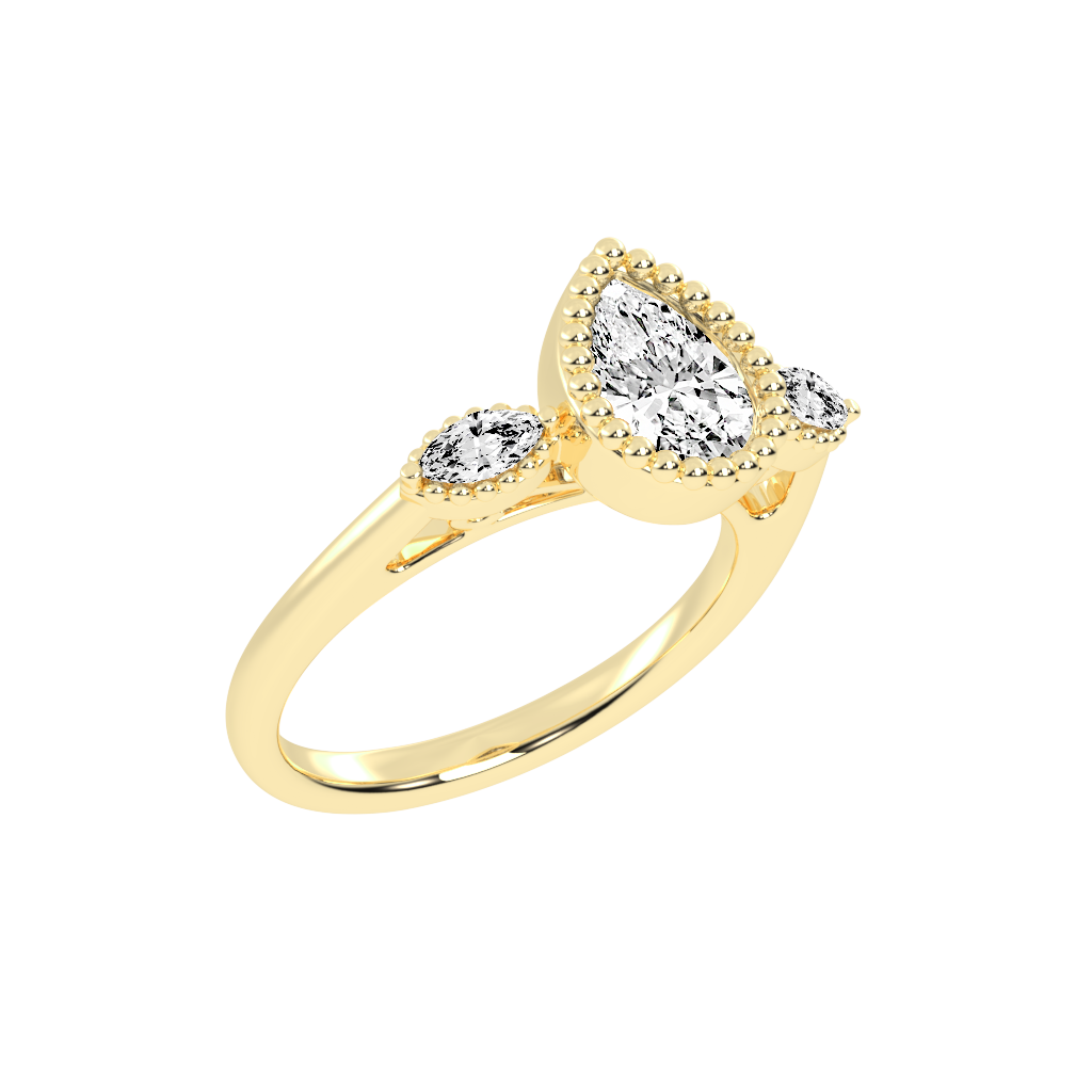 Three Stone Lab Grown Diamond Engagement Ring with Pear Cut Center Stone and Marquise Side Stones