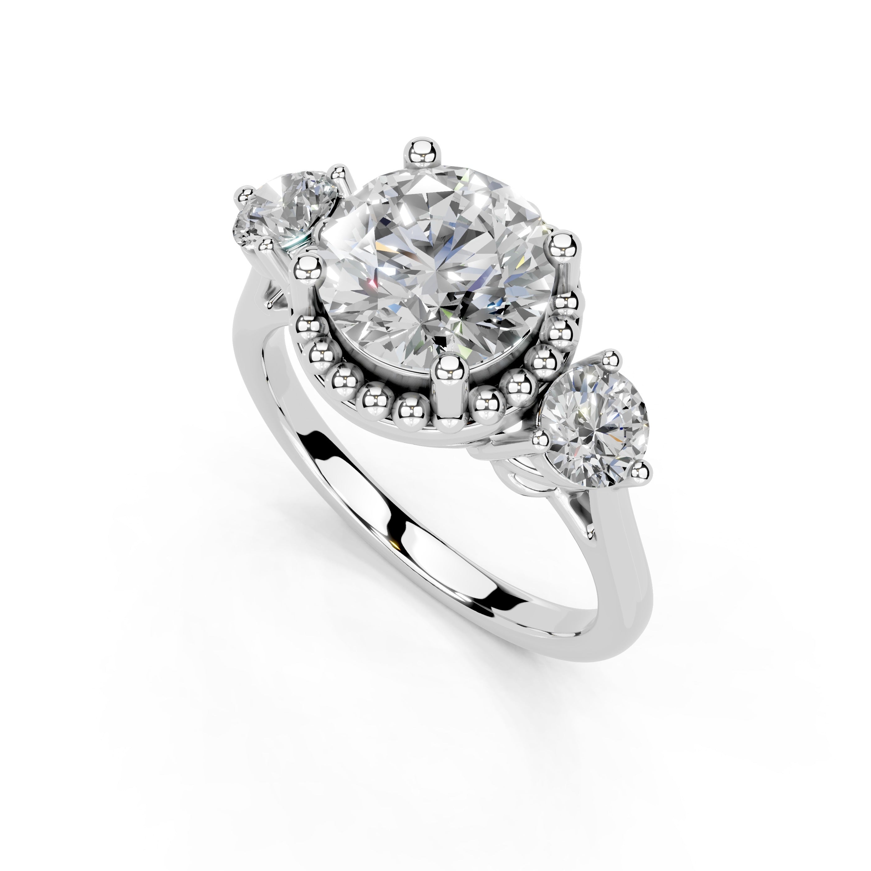 Three Stone Lab Grown Diamond Engagement Ring with Round Cut Center Stone