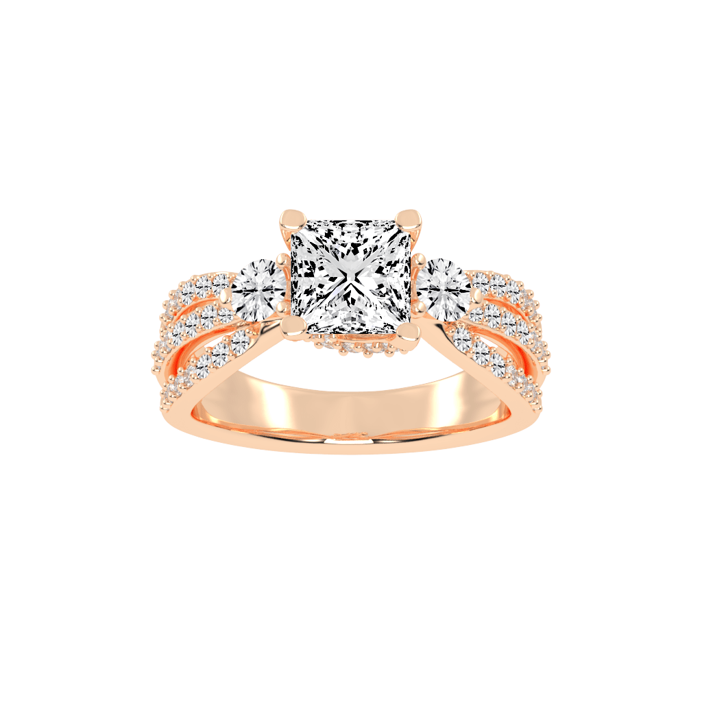 Three Stone Lab Grown Diamond Engagement Ring with Princess Cut Center Stone and Round Cut Pave Setting