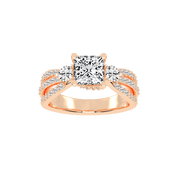 Three Stone Lab Grown Diamond Engagement Ring with Princess Cut Center Stone and Round Cut Pave Setting