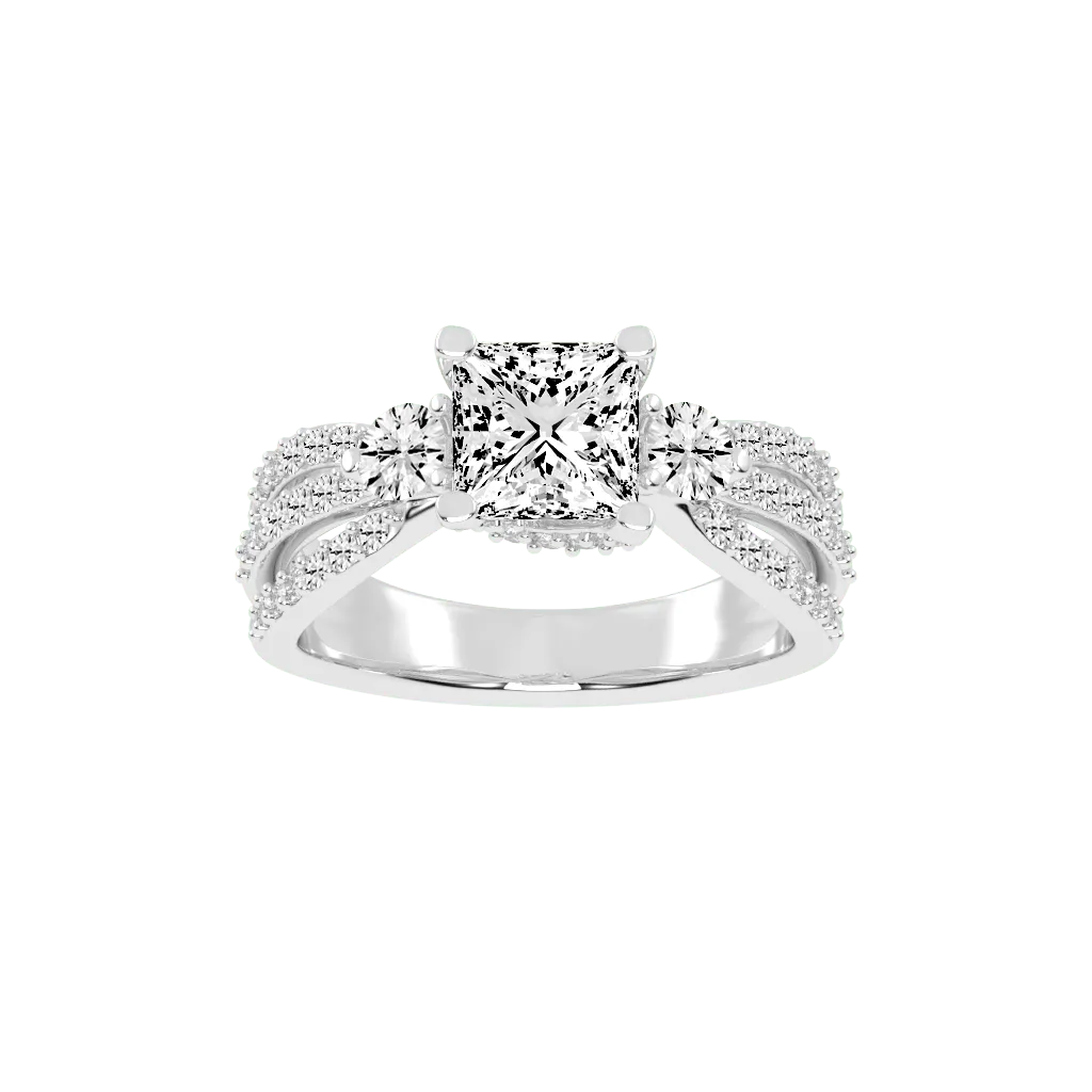 Three Stone Lab Grown Diamond Engagement Ring with Princess Cut Center Stone and Round Cut Pave Setting