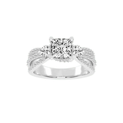 Three Stone Lab Grown Diamond Engagement Ring with Princess Cut Center Stone and Round Cut Pave Setting