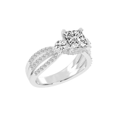 Three Stone Lab Grown Diamond Engagement Ring with Princess Cut Center Stone and Round Cut Pave Setting