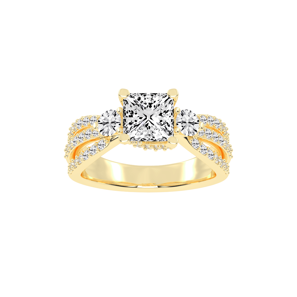 Three Stone Lab Grown Diamond Engagement Ring with Princess Cut Center Stone and Round Cut Pave Setting