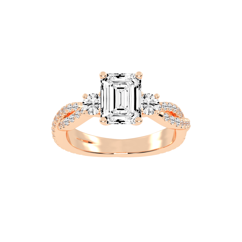 Three Stone Lab Grown Diamond Engagement Ring with Emerald Cut Center Stone and Round Side Stones