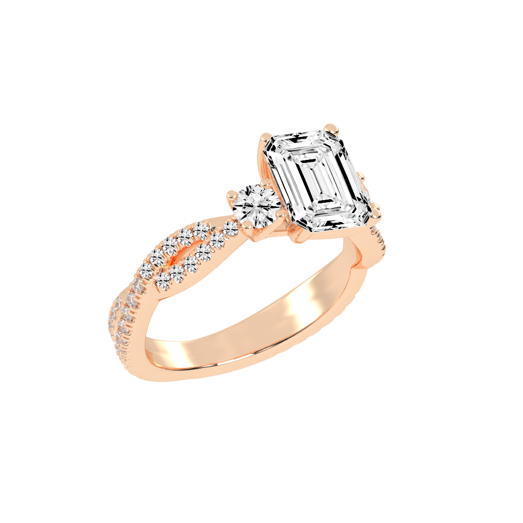 Three Stone Lab Grown Diamond Engagement Ring with Emerald Cut Center Stone and Round Side Stones