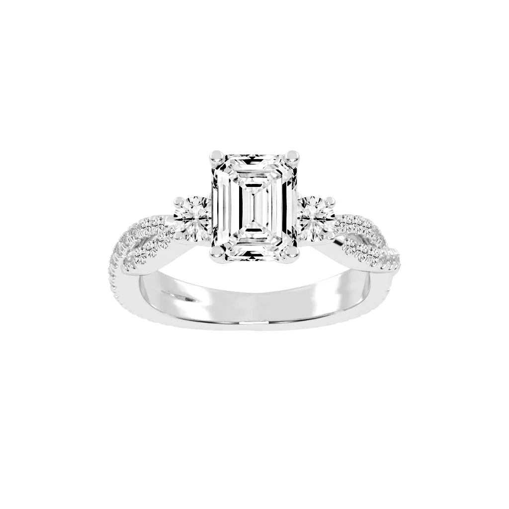 Three Stone Lab Grown Diamond Engagement Ring with Emerald Cut Center Stone and Round Side Stones