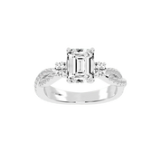 Three Stone Lab Grown Diamond Engagement Ring with Emerald Cut Center Stone and Round Side Stones