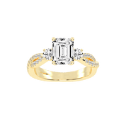 Three Stone Lab Grown Diamond Engagement Ring with Emerald Cut Center Stone and Round Side Stones