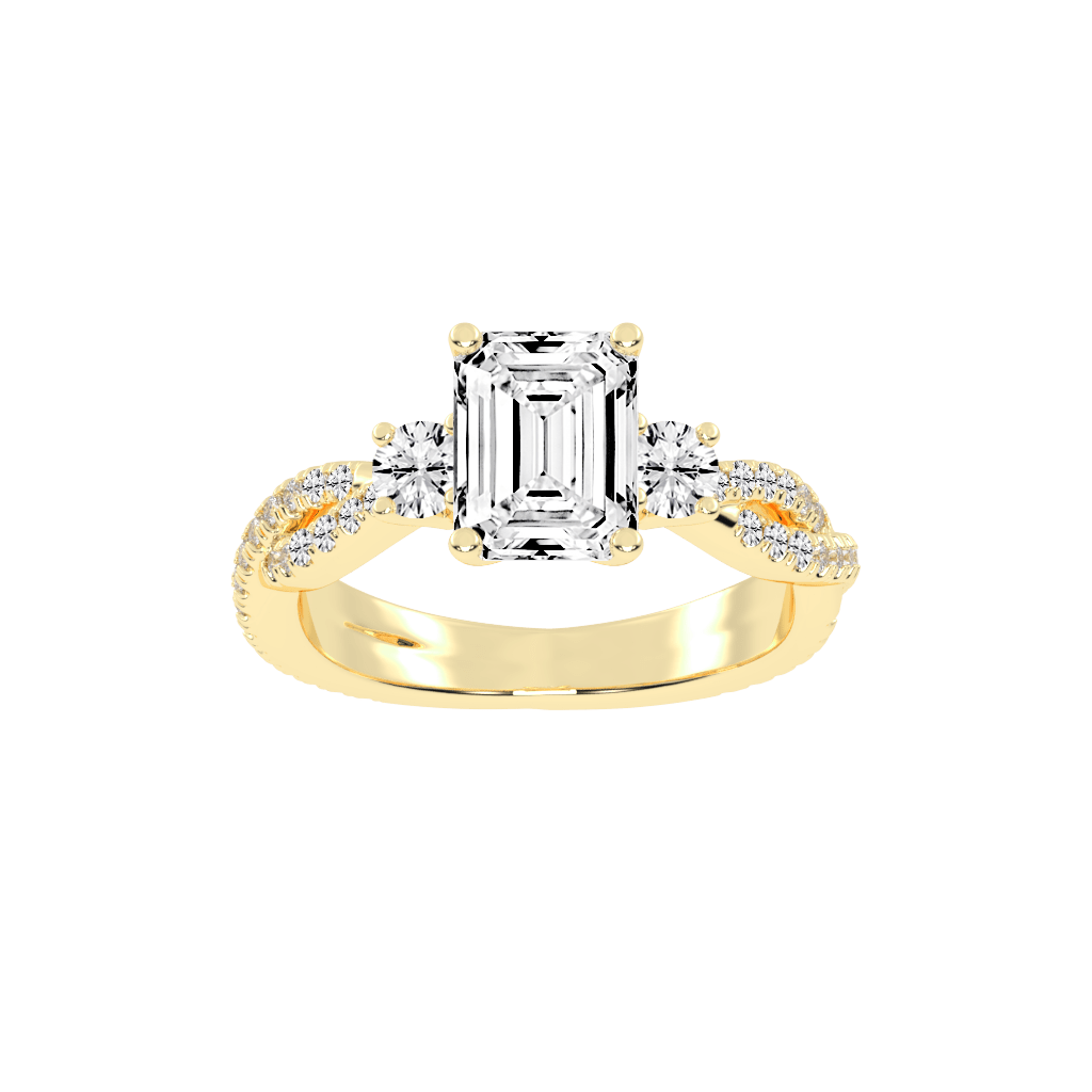 Three Stone Lab Grown Diamond Engagement Ring with Emerald Cut Center Stone and Round Side Stones