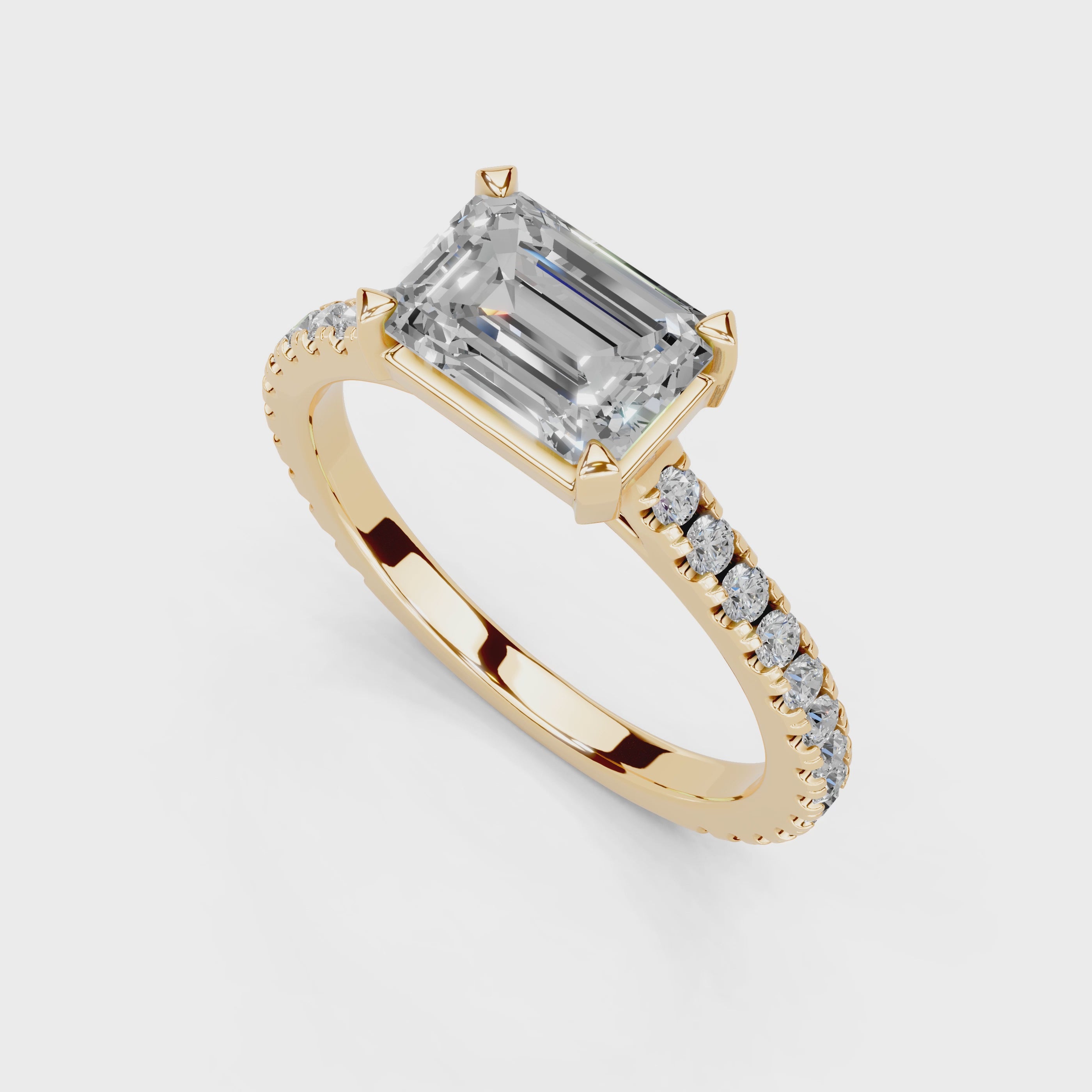 Emerald Cut Four Prong Pave  Lab Grown Diamond Engagement Ring