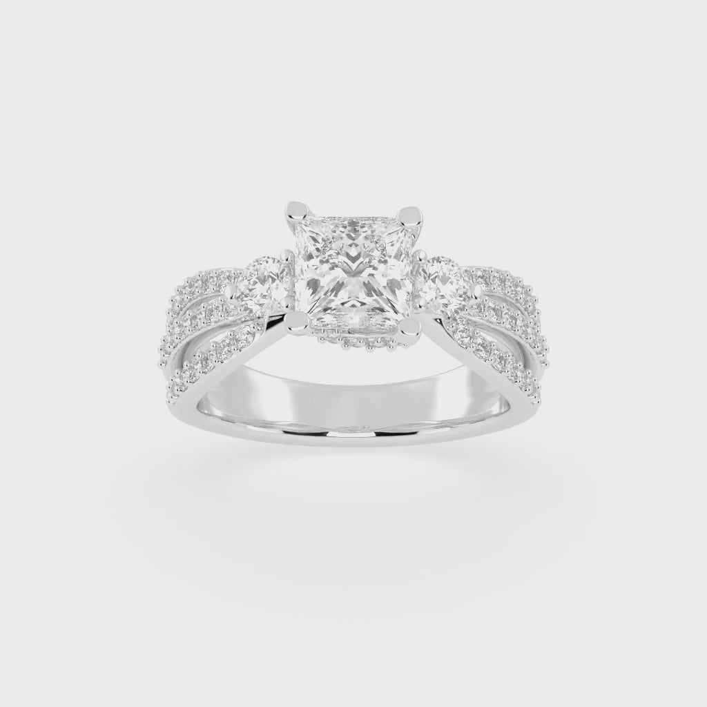 Three Stone Lab Grown Diamond Engagement Ring with Princess Cut Center Stone and Round Cut Pave Setting