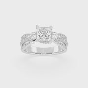 Three Stone Lab Grown Diamond Engagement Ring with Princess Cut Center Stone and Round Cut Pave Setting