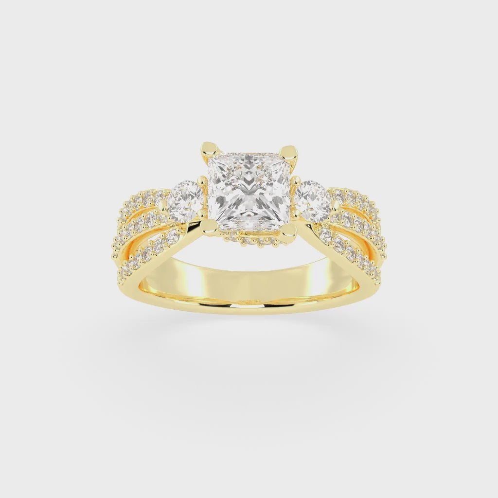 Three Stone Lab Grown Diamond Engagement Ring with Princess Cut Center Stone and Round Cut Pave Setting