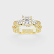 Three Stone Lab Grown Diamond Engagement Ring with Princess Cut Center Stone and Round Cut Pave Setting