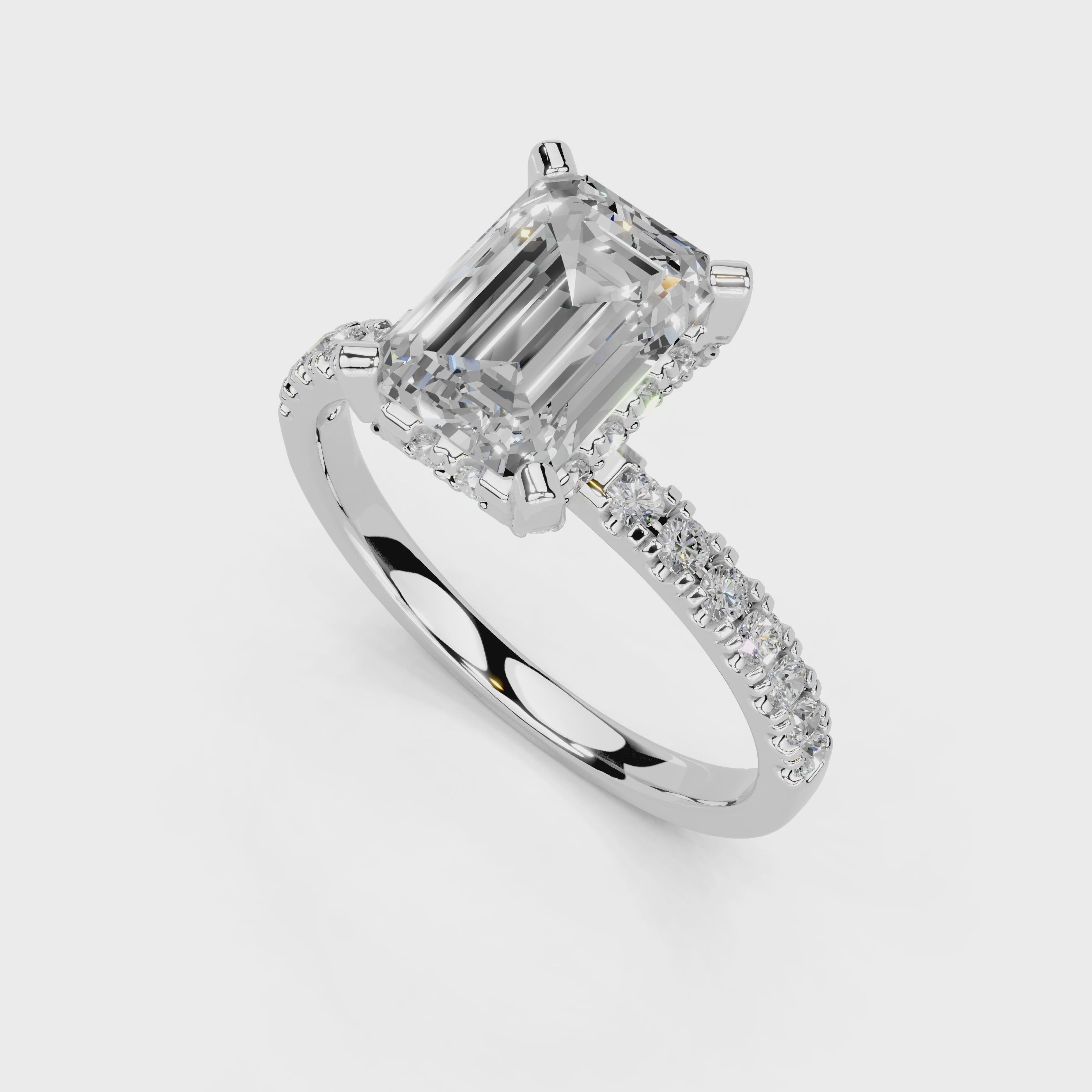 Emerald Cut Pave Engagement Ring with Hidden Halo setting (14K White Gold, 1CT center stone, Size 6)