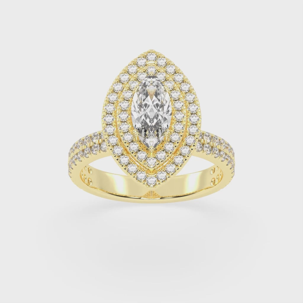 Marquise cut Pave Lab Grown Diamond Engagement Ring with vintage double halo setting