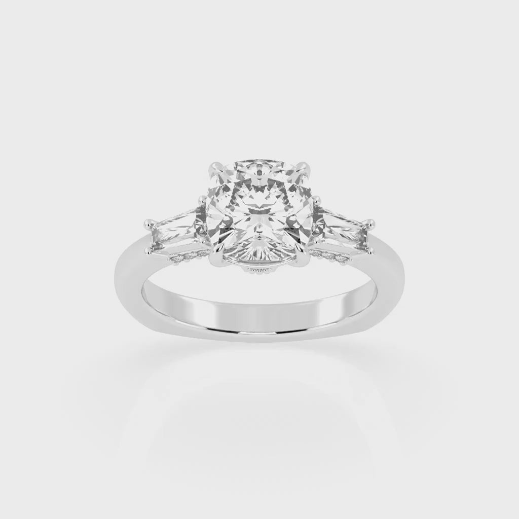 Cushion Cut Baguette Accent Lab Grown Diamond Engagement Ring