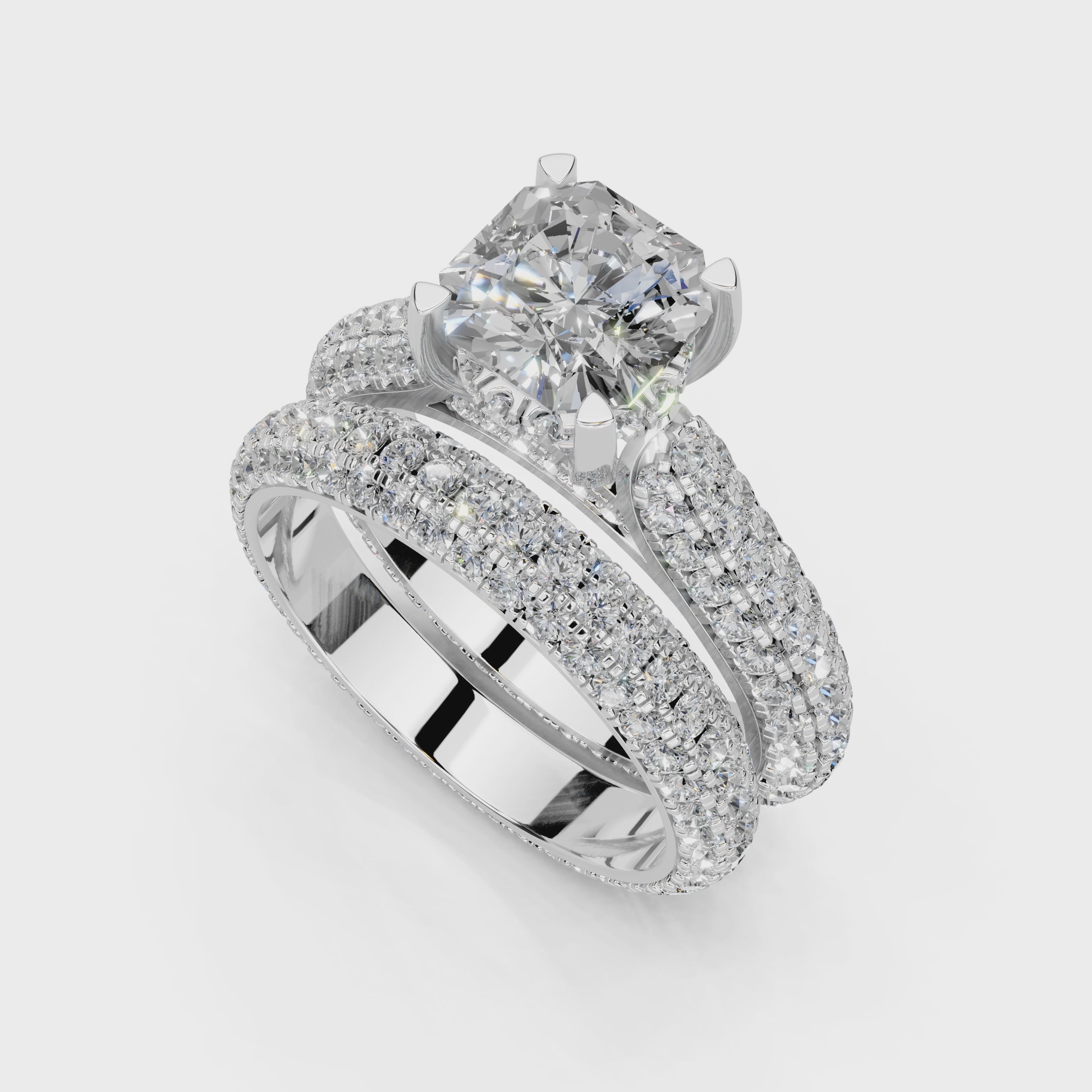 Asscher Cut Claw Prongs Double Row Pave Lab Grown Diamond Engagement Ring