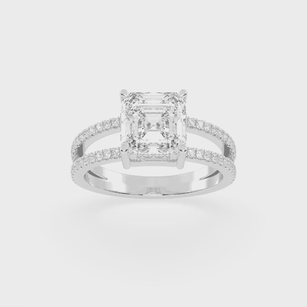 Asscher Cut Split Shank Lab Grown Diamond Engagement Ring with Pave Setting