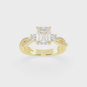 Three Stone Lab Grown Diamond Engagement Ring with Emerald Cut Center Stone and Round Side Stones