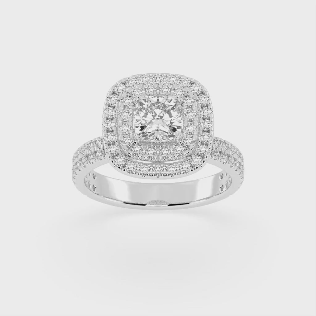 Cushion cut Pave Lab Grown Diamond Engagement Ring with vintage double halo setting