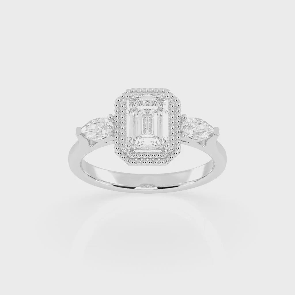 Three Stone Lab Grown Diamond Engagement Ring with Emerald Cut Center Stone and Pear Side Stones