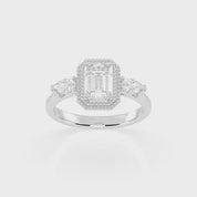 Three Stone Lab Grown Diamond Engagement Ring with Emerald Cut Center Stone and Pear Side Stones