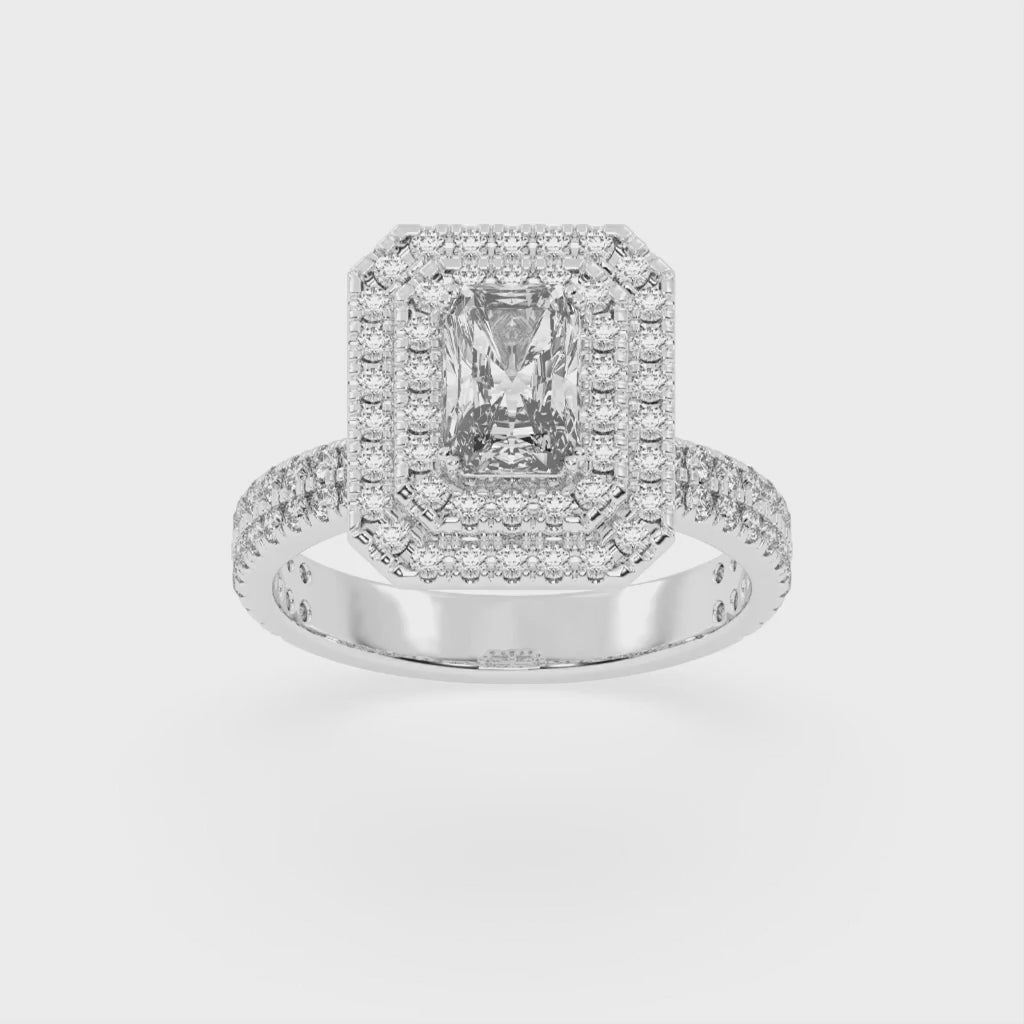 Radiant cut Pave Lab Grown Diamond Engagement Ring with vintage double halo setting