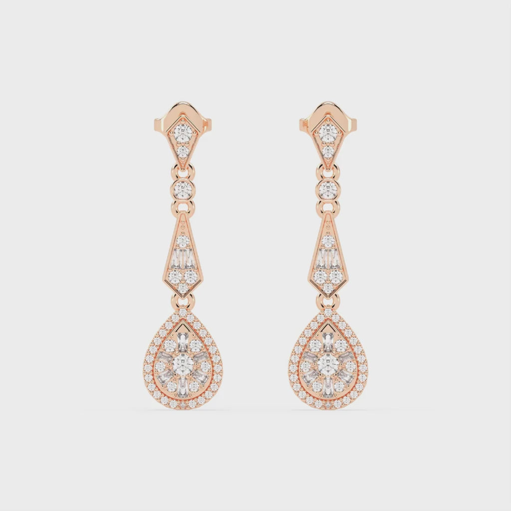 Art Deco Teardrop Baguette and Round 1.36 Cttw Lab Grown Diamond Earrings