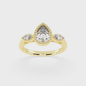 Three Stone Lab Grown Diamond Engagement Ring with Pear Cut Center Stone and Marquise Side Stones