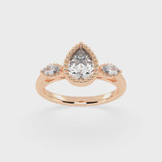 Three Stone Lab Grown Diamond Engagement Ring with Pear Cut Center Stone and Marquise Side Stones