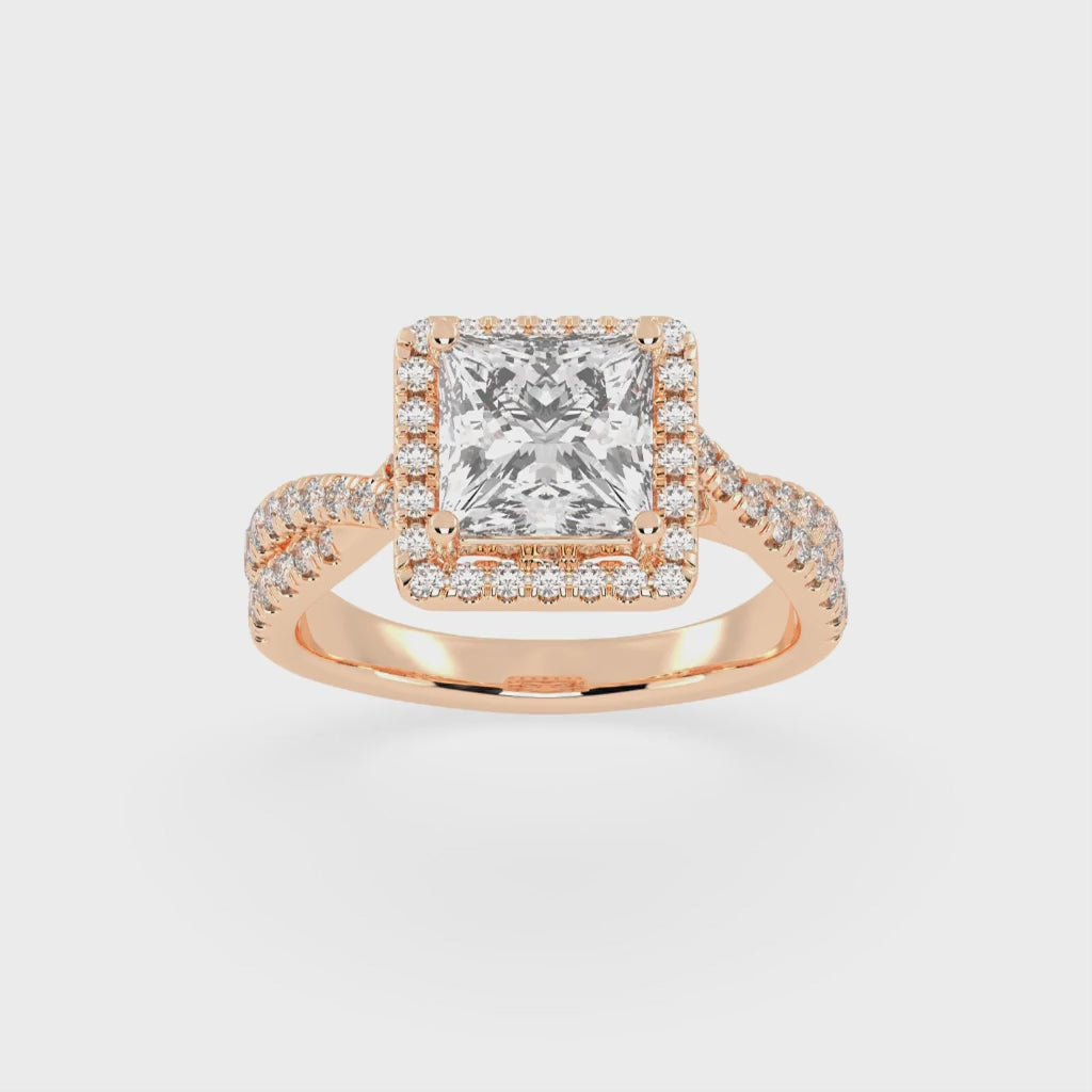 Princess cut Halo Lab Grown Diamond Engagement Ring with Twisted Pave Setting