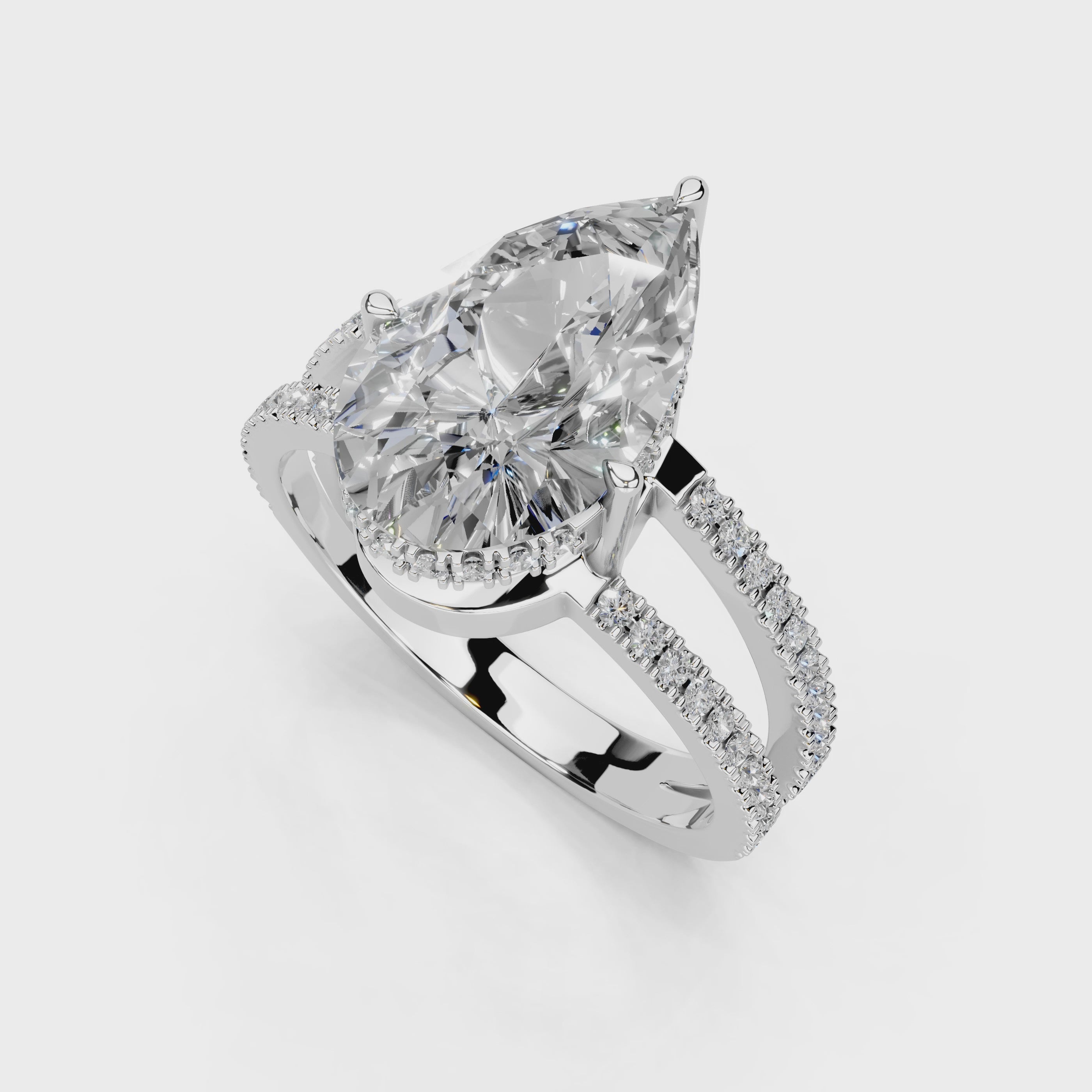 Pear Cut Split Shank Lab Grown Diamond Engagement Ring with Pave Setting