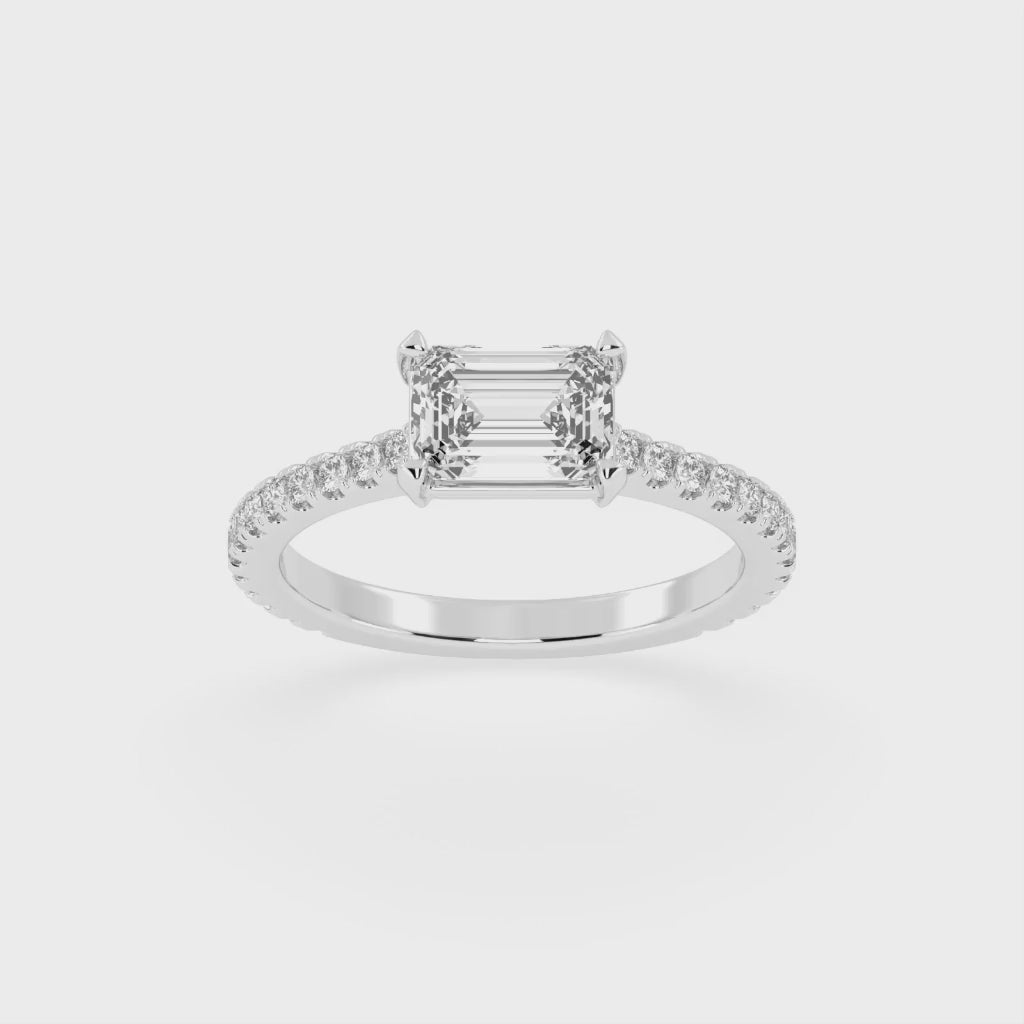 Emerald Cut Four Prong Pave  Lab Grown Diamond Engagement Ring