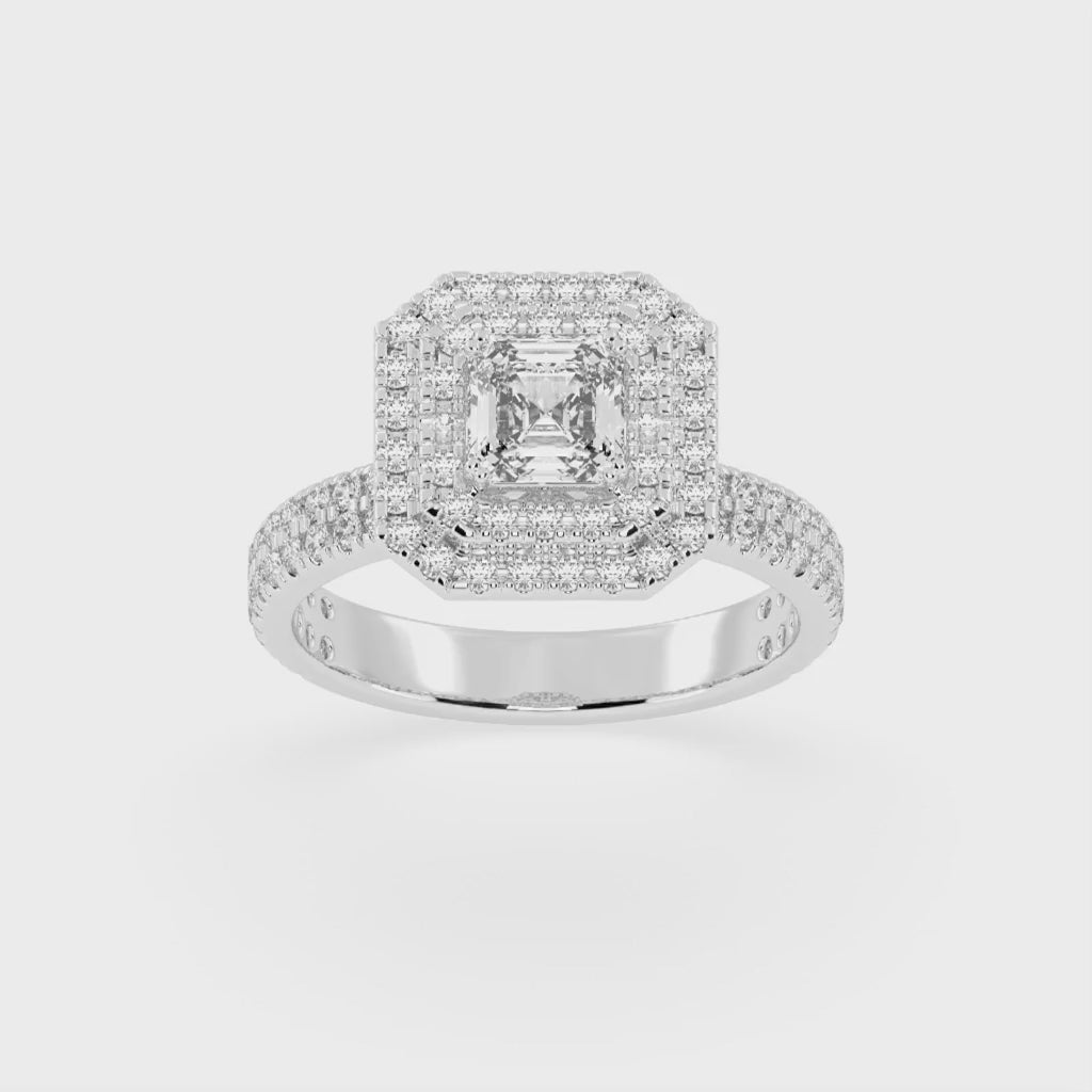 Asscher cut Pave Lab Grown Diamond Engagement Ring with vintage double halo setting