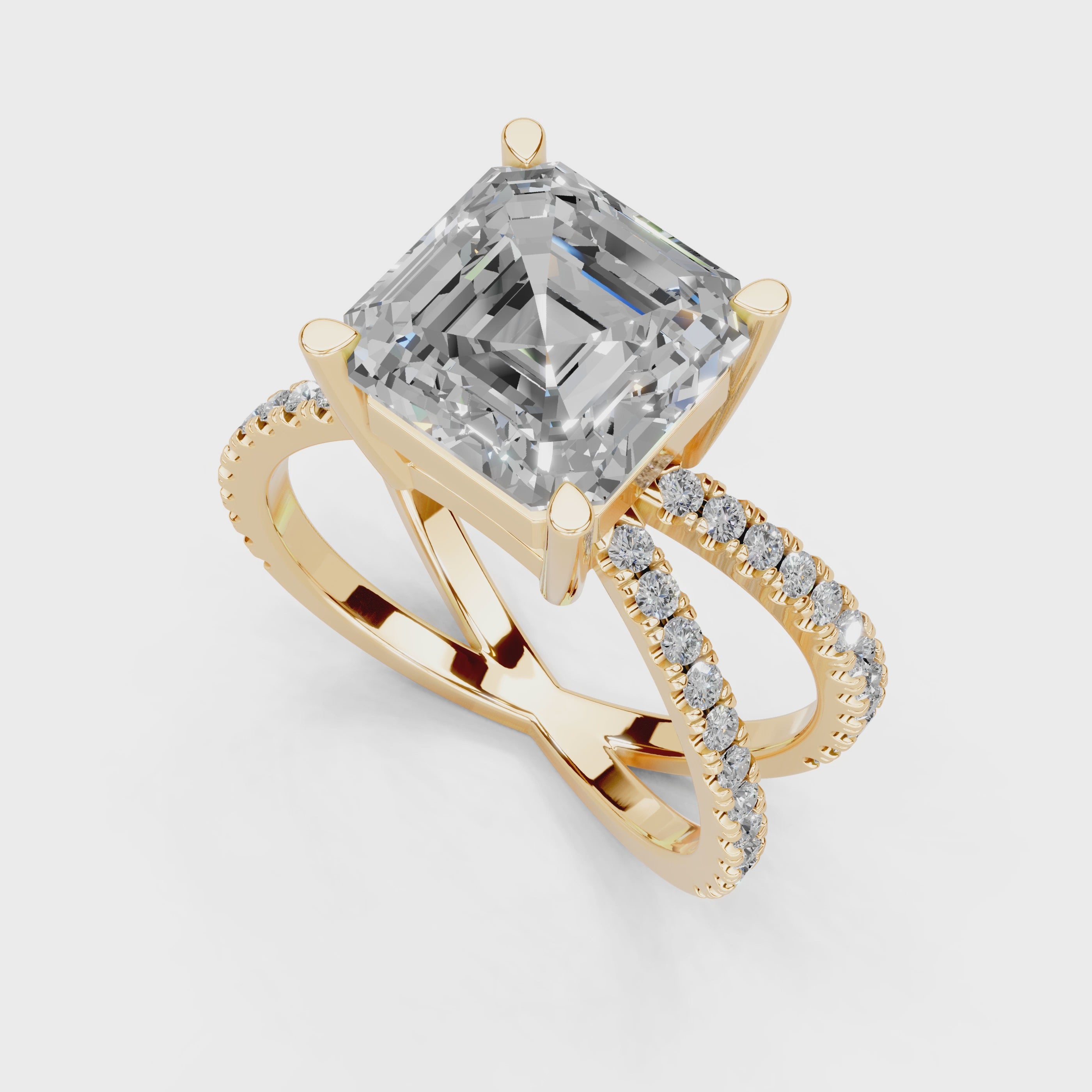 Asscher Cut Split Shank Lab Grown Diamond Engagement Ring with Pave Setting