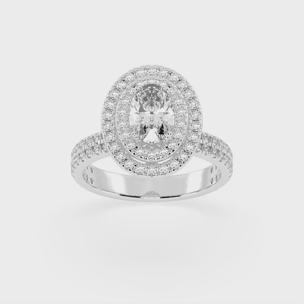 Oval cut Pave Lab Grown Diamond Engagement Ring with vintage double halo setting