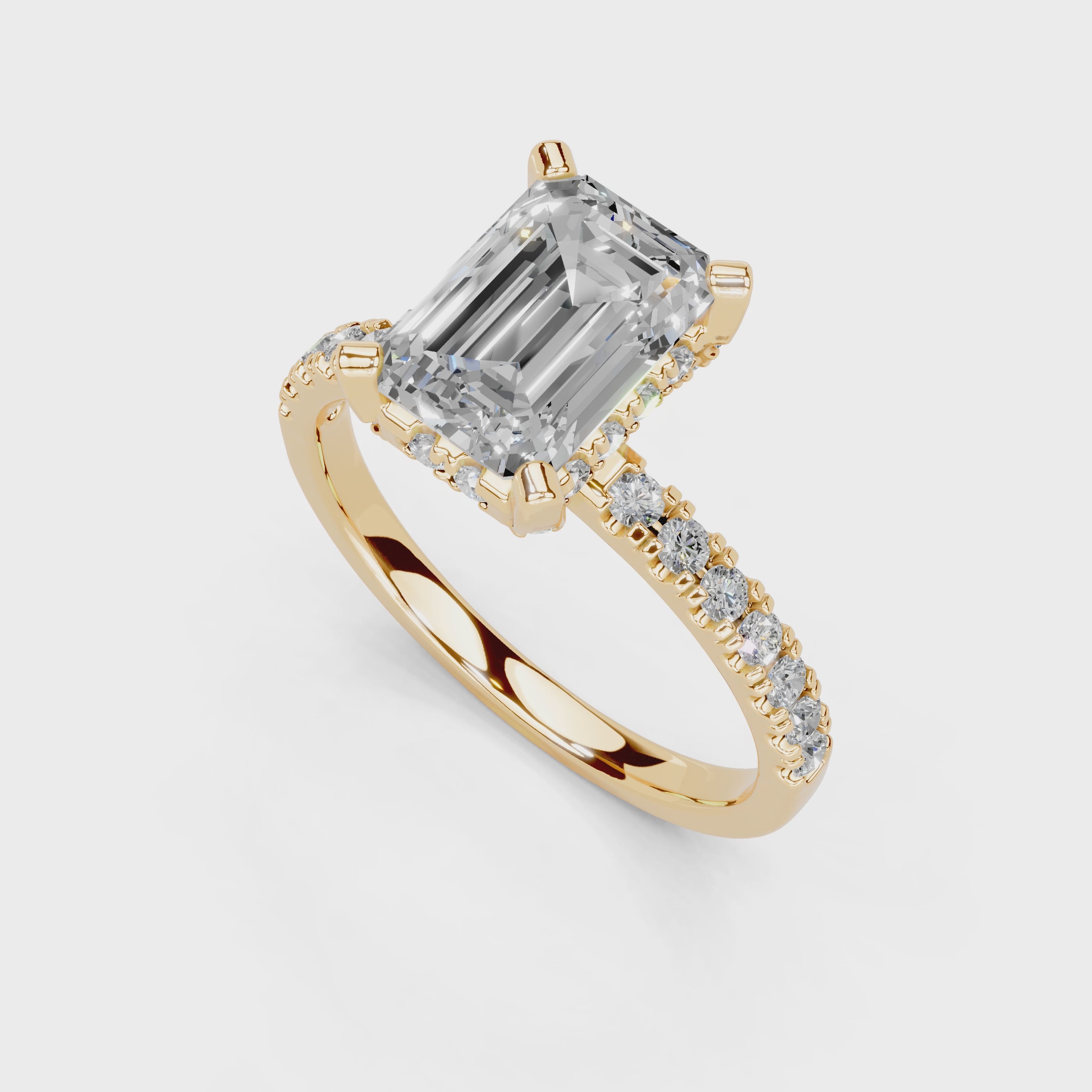 Emerald Cut Pave Lab Grown Diamond Engagement Ring with Hidden Halo setting