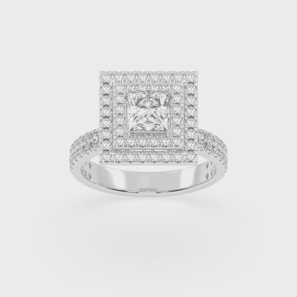 Princess cut Pave Lab Grown Diamond Engagement Ring with vintage double halo setting